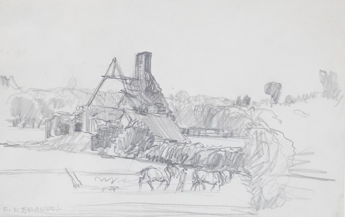 Frank Lewis Emanuel (1865-1948), Ruined farmhouse and Shire horses ploughing, signed, inscribed verso, pencil sketch, 13 x 21cm